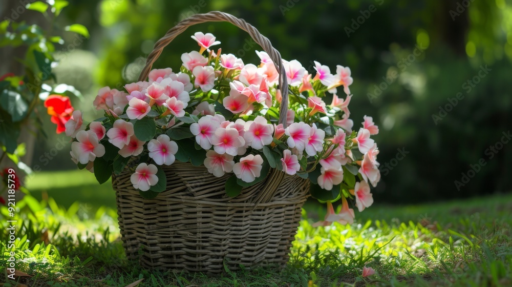 Sticker A charming garden basket filled with blooming Mandevilla flowers