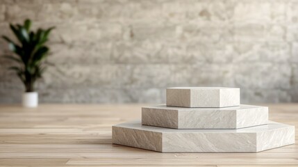 A hexagonal, multi-tiered podium with each tier perfectly symmetrical, featuring a modern, marble-like finish