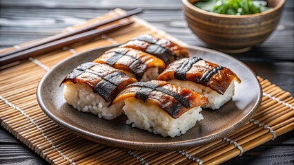 Eel rice sushi on a plate ready to eat, Unagi, sushi, Japanese cuisine, grilled eel, seafood, traditional, delicious, Asian food