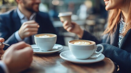 Coffee Break Connection: Two colleagues enjoy a casual coffee break, their conversation flowing as smoothly as the latte art.