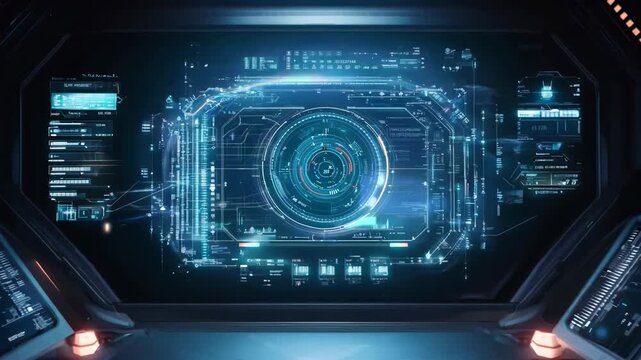 Futuristic spaceship cockpit interface with holographic displays. Sci-fi spacecraft control panel with data analytics. High-tech UI, HUD design. Future space station interior with interactive screen. 