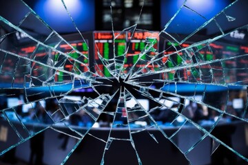 Shattered glass with stock market displays visible in the background during trading hours