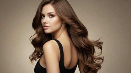 Fototapeta premium A young woman with long wavy brown hair that cascades over her shoulders.