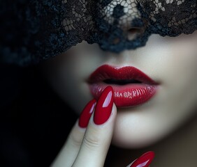 Obraz premium Unveil the Dark Allure of Crimson Lips Behind a Delicate Black Lace Curtain 繊細な黒いレースのカーテンの裏に隠された深紅の唇のダークな魅力を解き明かす.Generative AI
