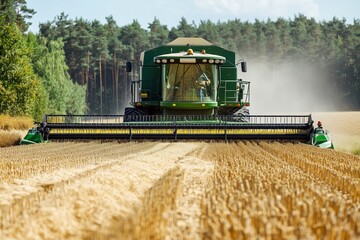 Fototapeta premium Combine harvester working in a golden wheat field during harvest season under a clear blue sky