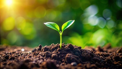 Fototapeta premium A seedling sprouting up in fresh soil , growth, nature, plant, green, gardening, beginning, germination, life, earth, sprout