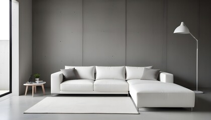 A modern, minimalist living room with a large white sectional sofa and a concrete wall in the background.