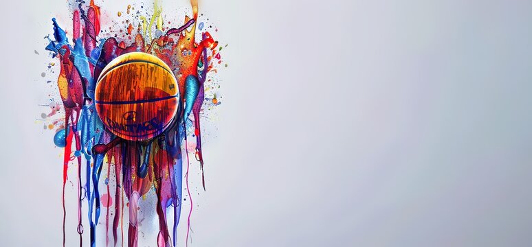 Abstract digital illustration of a basketball with colorful paint splatter. A vibrant design perfect for sports fans, basketball players, and anyone who loves abstract art.