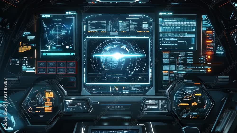 Poster futuristic spaceship cockpit interface with holographic displays. sci-fi spacecraft control panel wi