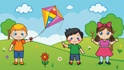 three kids flying kites vector illustration