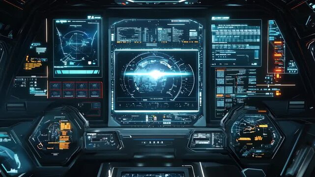 Futuristic spaceship cockpit interface with holographic displays. Sci-fi spacecraft control panel with data analytics. High-tech UI, HUD design. Future space station interior with interactive screen. 