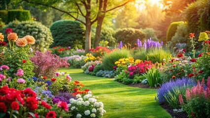 Tranquil garden with colorful blooming flowers, serene, peaceful, garden, nature, flowers, blooming, beauty, tranquility