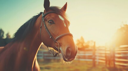 Obraz premium A close-up of a horse against a sunset background, showcasing its beauty and tranquility in a serene outdoor setting.