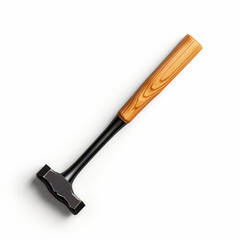 A close-up of a black metal hammer with a wooden handle, isolated on a white background.