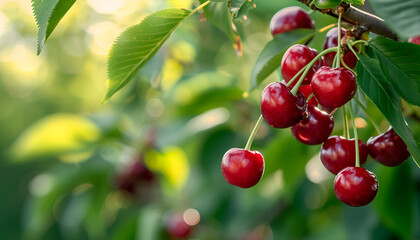 Branch of ripe cherries on a tree in a garden
