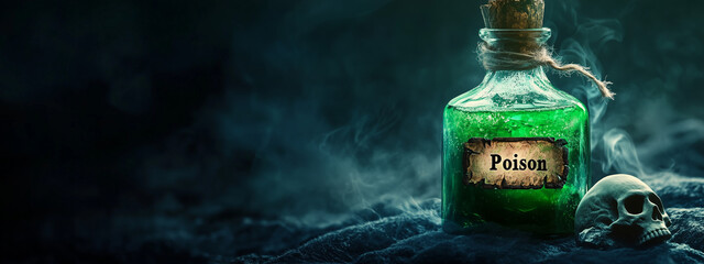 Vintage Green poison bottle liquid potion with skull smoke on dark background copy space for text