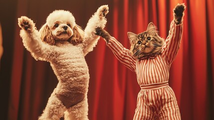 A joyful dog and cat duo entertaining on stage, showcasing their playful spirit against a vibrant background.