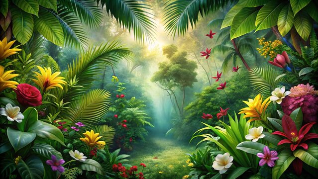 Lush tropical rainforest background with colorful summer flowers, Rainforest, Tropical, Botanical, Summer, Flowers, Colorful