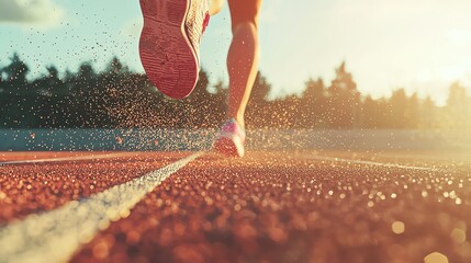 A runner's foot strikes the track, sending up droplets of water in the warm sunlight, capturing the essence of athleticism and speed.