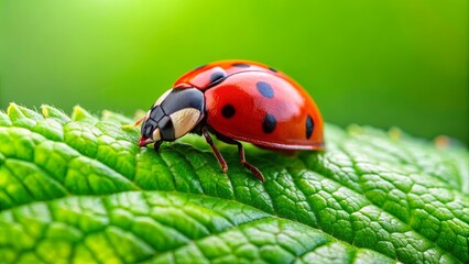 Fototapeta premium Close up of a vibrant red ladybug crawling on a green leaf, ladybird, bug, insect, close up, macro, nature, wildlife, red