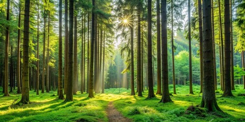 Serene forest landscape with tall trees and lush greenery, nature, environment, woodland, trees, foliage, peaceful