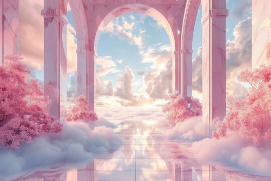 Romantic floral archway with pink flowers and clouds in sky background