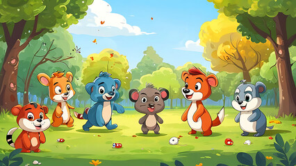 Obraz premium Cartoon animal characters playing in a park 