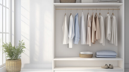 Clothes hanging on rail in white wardrobe. Scandinavian style interior design