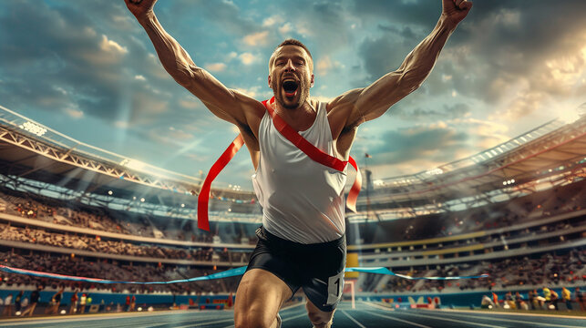 Male athlete crossing the finish line in first place