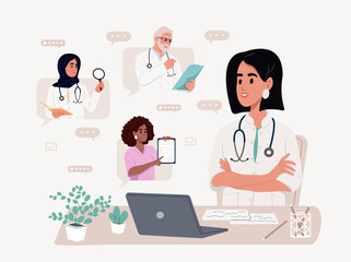 Medical video conference. A team of doctors having a virtual meeting, chatting online, discussing medicine, research and patient care. Discussion of medical treatment results.