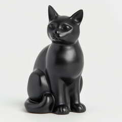 A black cat figurine sits on a white background, its sleek form and piercing eyes capturing a sense of elegance and mystery.