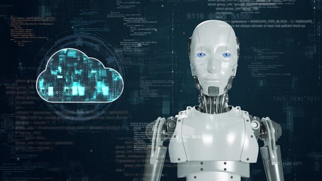 Motion graphic of A robot against a high-tech digital background and a glowing robot icon and binary code with artificial intelligence (AI) with cloud computing and big data storage concepts