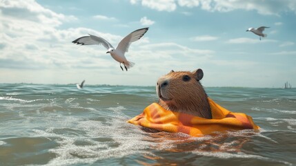 Obraz premium Capybara Enjoying a Beach Day: Cute rodent in ocean with towel cape, surrounded by seagulls in playful summer scene.