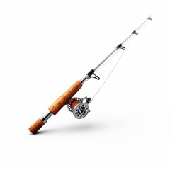 A classic fishing rod with a wooden handle and reel, isolated on a white background.