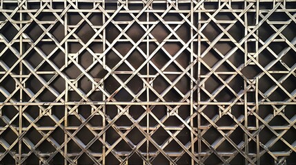 A close-up of a silver metal grate with a repeating geometric pattern.