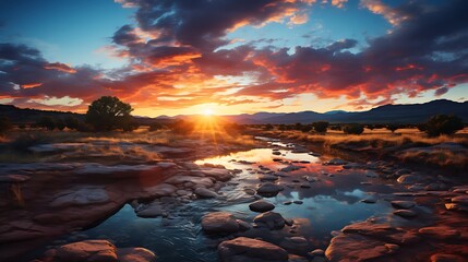 Beautiful sunset over a river with a tree in the foreground AI Generated