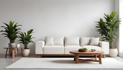 A modern living room with a white sofa, wooden coffee table, and potted plants against a white concrete wall.