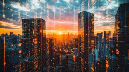 Obraz premium Smart digital city with connection network that is at the cutting edge of innovation in technology and business with bright, modern skyscrapers. Backgrounds for technology and charts and graphs
