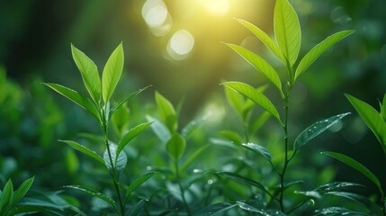 Green Leaves Illuminated by Sunlight