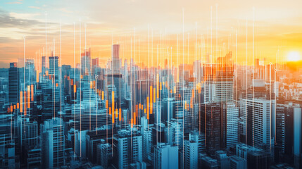 Obraz premium Smart digital city with connection network that is at the cutting edge of innovation in technology and business with bright, modern skyscrapers. Backgrounds for technology and charts and graphs