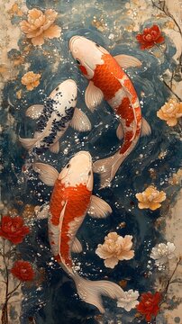 Auspicious Koi Fish and Auspicious Symbols: Koi fish surrounded by traditional auspicious symbols, representing financial success and unity