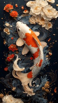 Auspicious Koi Fish and Auspicious Symbols: Koi fish surrounded by traditional auspicious symbols, representing financial success and unity