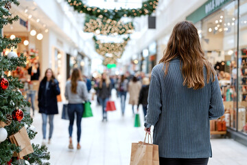 Obraz premium A person walks through a bustling mall decorated for Christmas, carrying shopping bags amidst holiday lights and decorations.