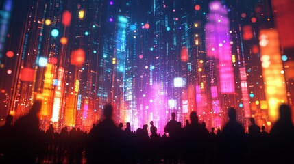 A dynamic 3D animation presents a nocturnal entertainment event teeming with silhouettes swaying to captivating melodies The stage radiates with vibrant lights casting enchanting hues over the