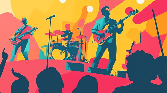 Vibrant illustration of a band performing live, capturing the energy and excitement of a music concert with colorful visuals.