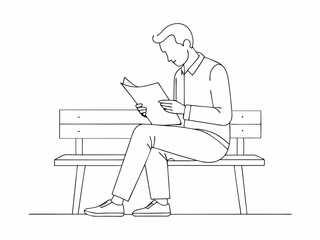 continuous single line drawing of man on bench reading a newspaper, line art vector illustration
