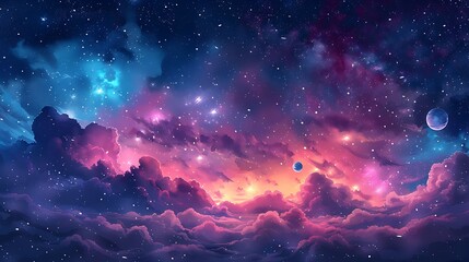 A seamless watercolor pattern of a dreamy night sky, featuring twinkling stars, vibrant planets, and swirling nebulas in deep blues and purples, arranged harmoniously with soft gradients and delicate 