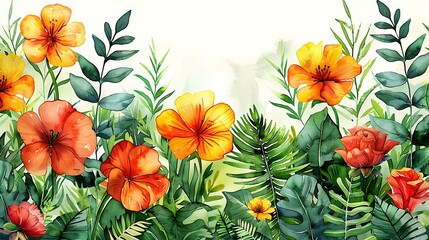 Fototapeta premium A seamless watercolor pattern of a lush botanical garden, featuring a variety of ferns, leaves, and flowers, arranged harmoniously with soft gradients and intricate details, creating a rich and vibran