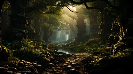 Fantasy forest with a foot path dark forest background AI Generated