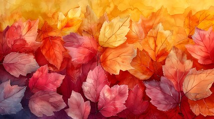 A seamless watercolor pattern of autumn leaves, featuring a mix of red, orange, and yellow leaves, scattered randomly in a harmonious arrangement, with delicate veins and soft gradients, creating a wa